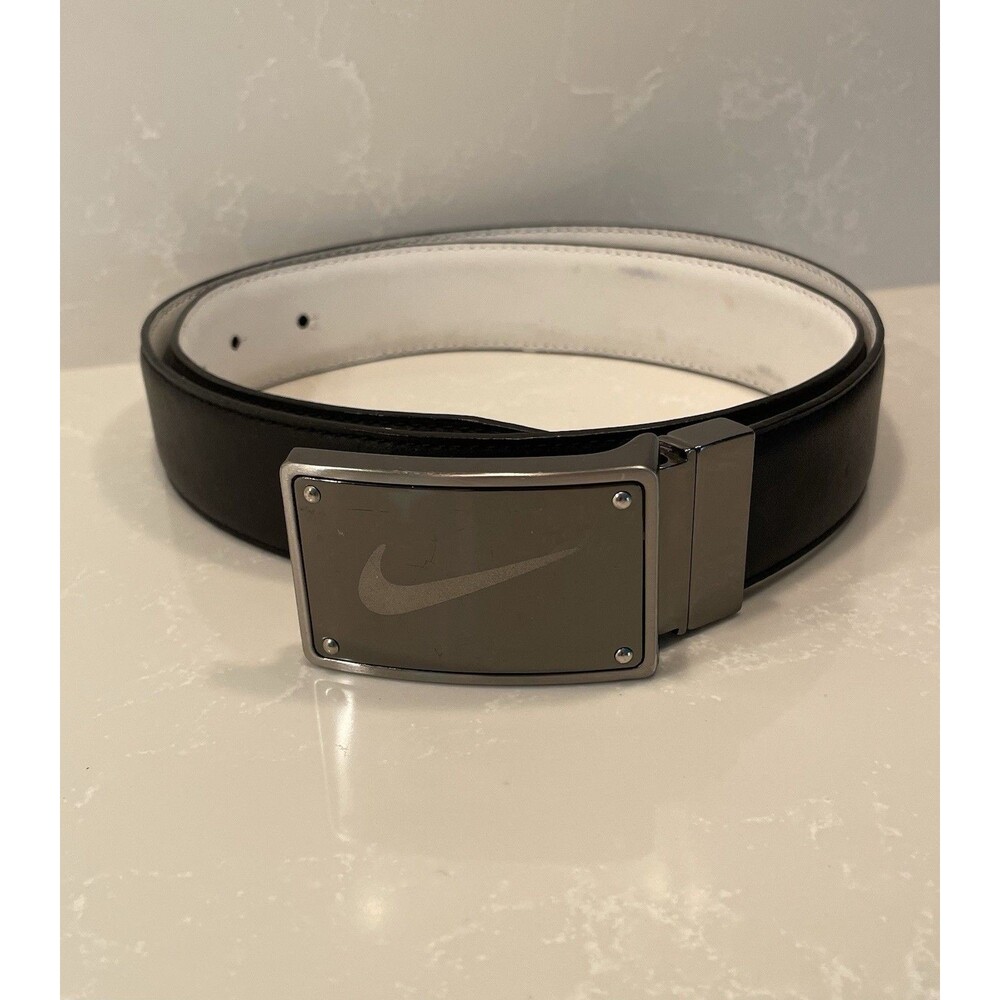 Nike Men's Black Leather Belt Size 36 with Silver Swoosh Buckle Adjustable